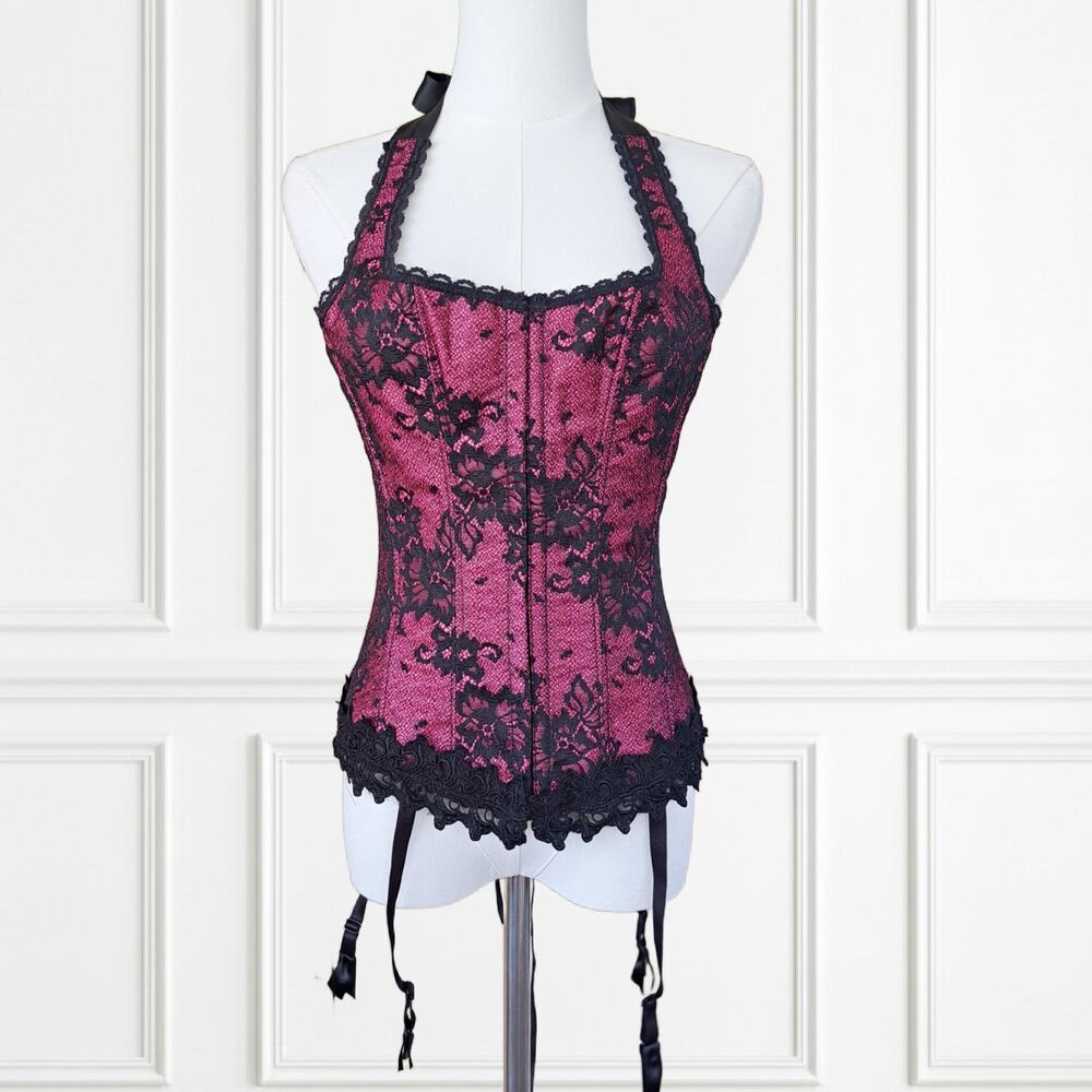 FREDERICKS of HOLLYWOOD Pink Black Lace Corset 34 Halter Bustier Pinup Garters